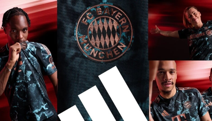 Camisa reserva Bayern de Munique Adidas 2024/25 preta com camuflado cinza e turquesa e detalhes em laranja.